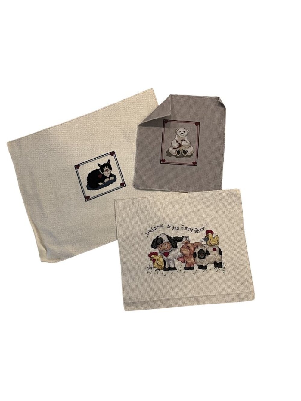 Vintage 90's Cross Stitch Animals Lot of 3 Polar Bear Cat Cow Pig